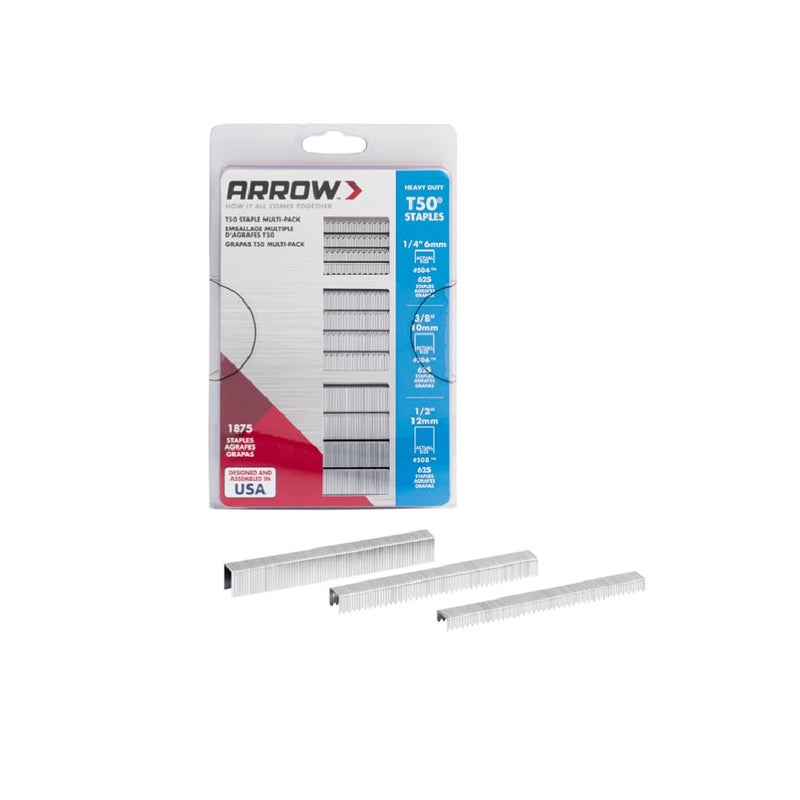 Arrow Fastener ARROW 50MP T50 Heavy Duty Staples Multipack, Staples for Upholstery, Crafts, General Repairs, Includes 1/4", 3/8" and 1/2" Sizes, 3/8" Crown Size, 1875-Pack - Image 1